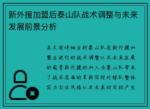新外援加盟后泰山队战术调整与未来发展前景分析